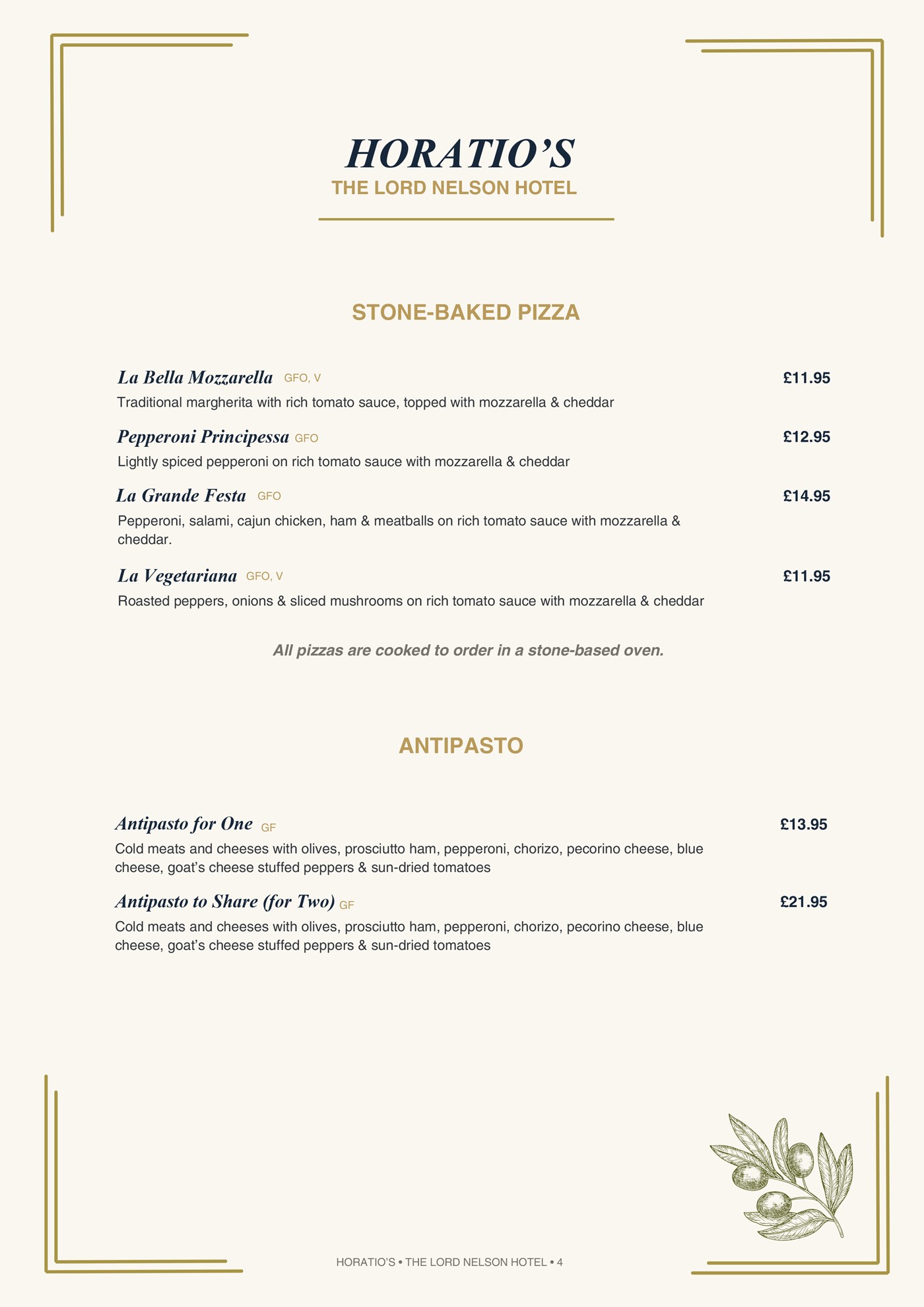 Horatio's Pizza and Antipasto Menu
