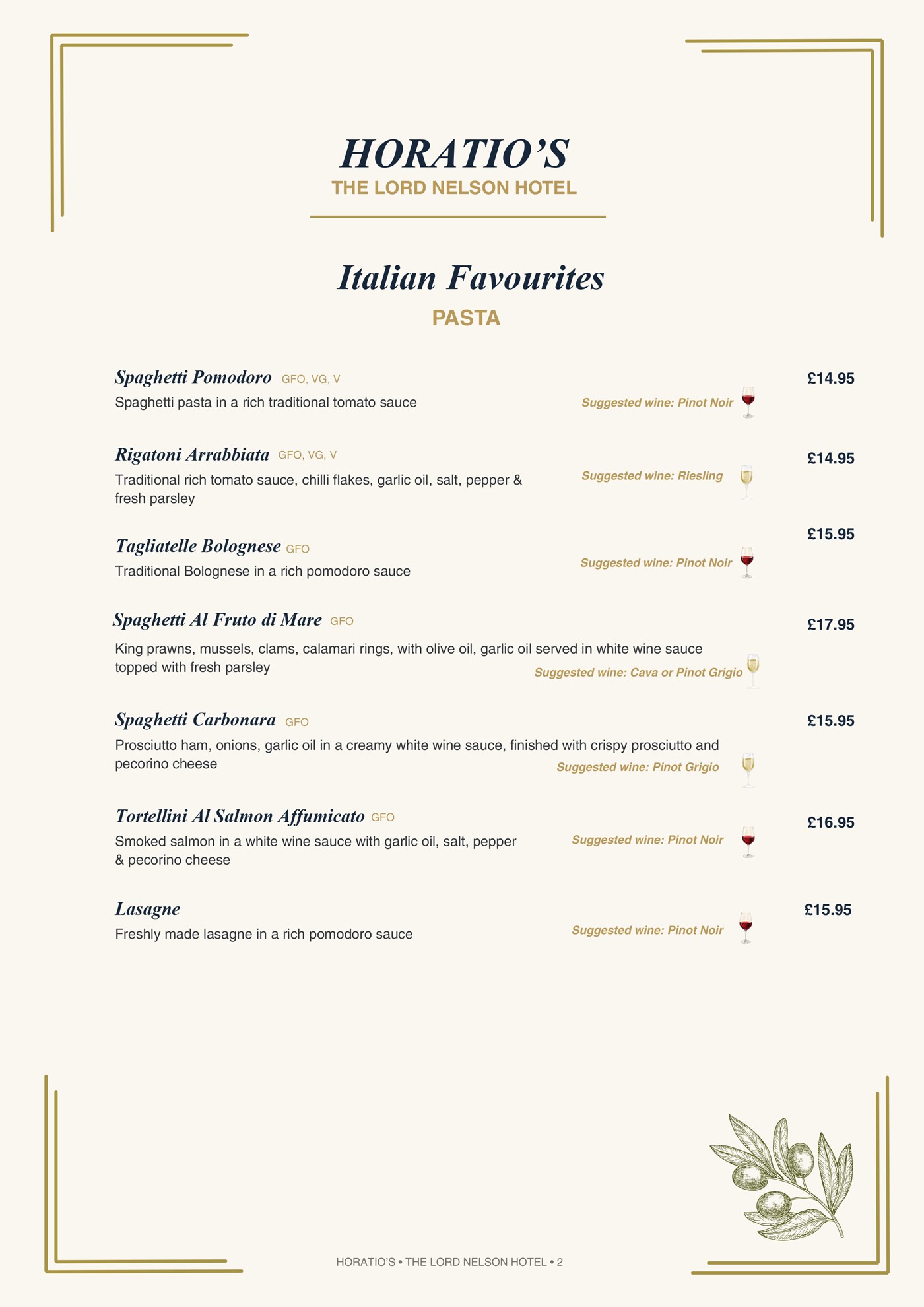 Horatio's Pasta Menu