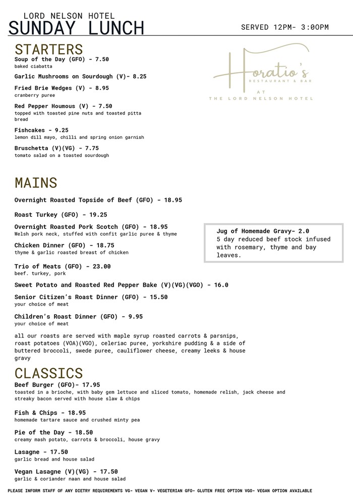 Sunday Lunch Menu Part One