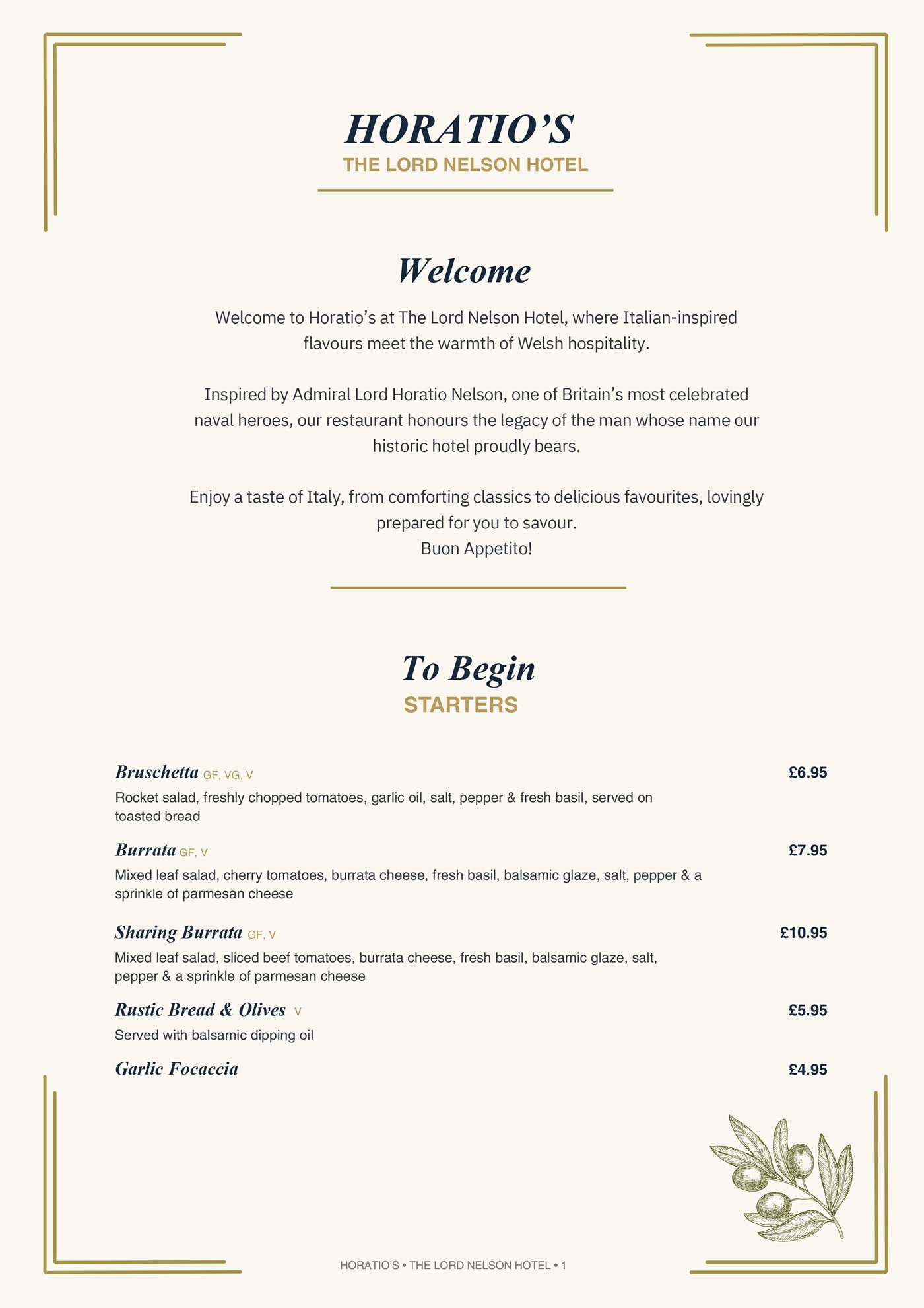 Horatio's Starters Menu