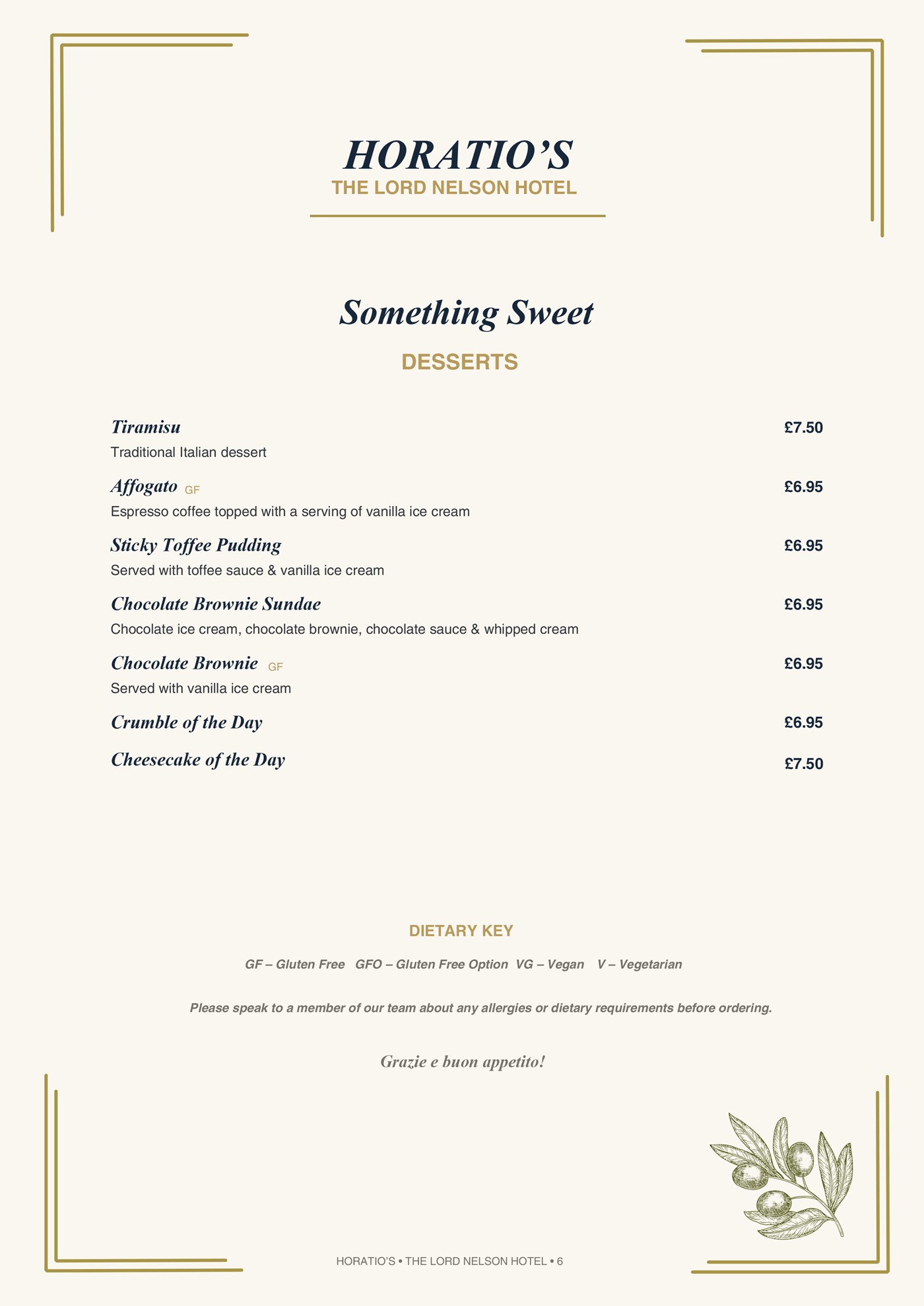 Horatio's Desserts Menu