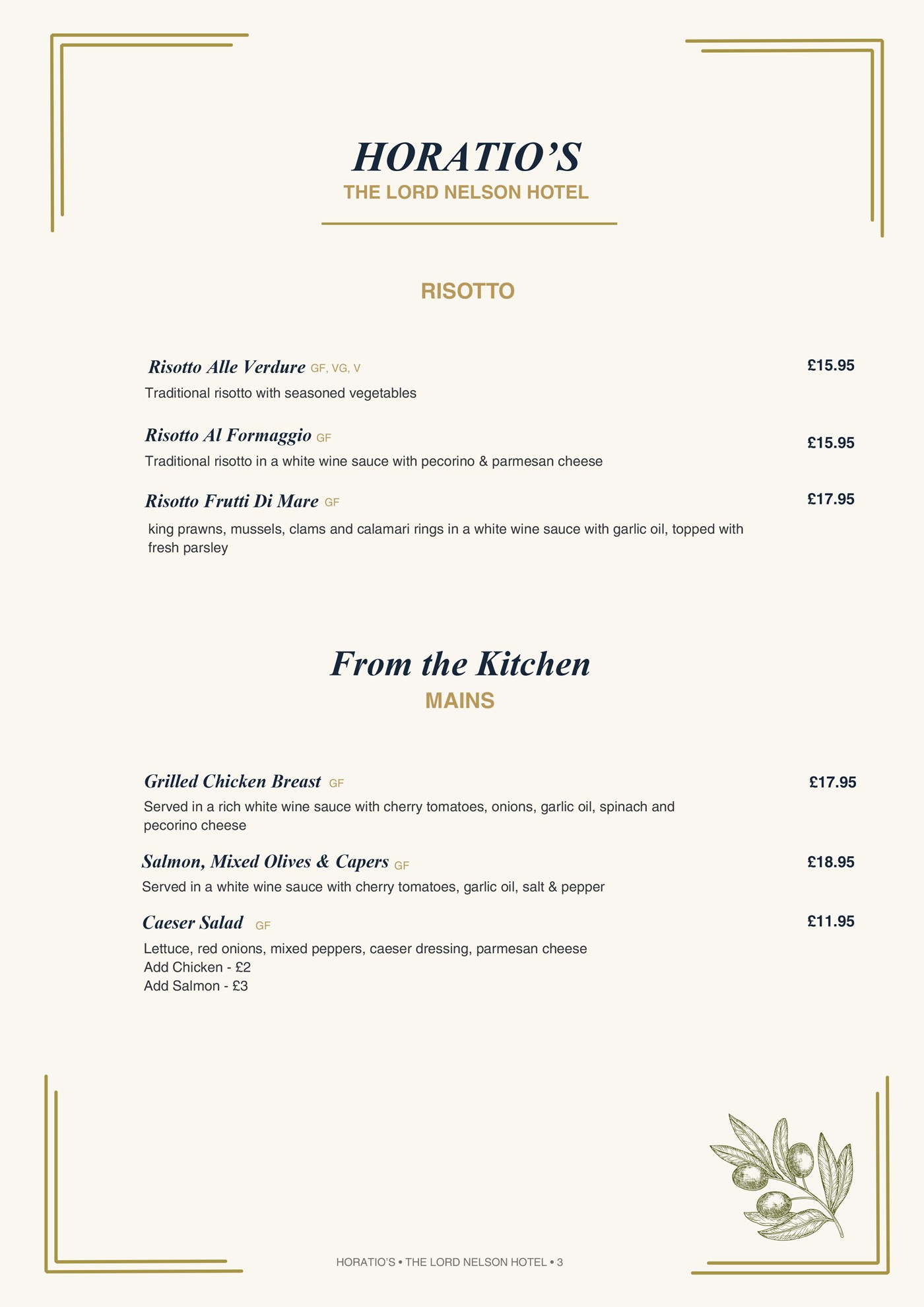 Horatio's Risotto and Mains Menu